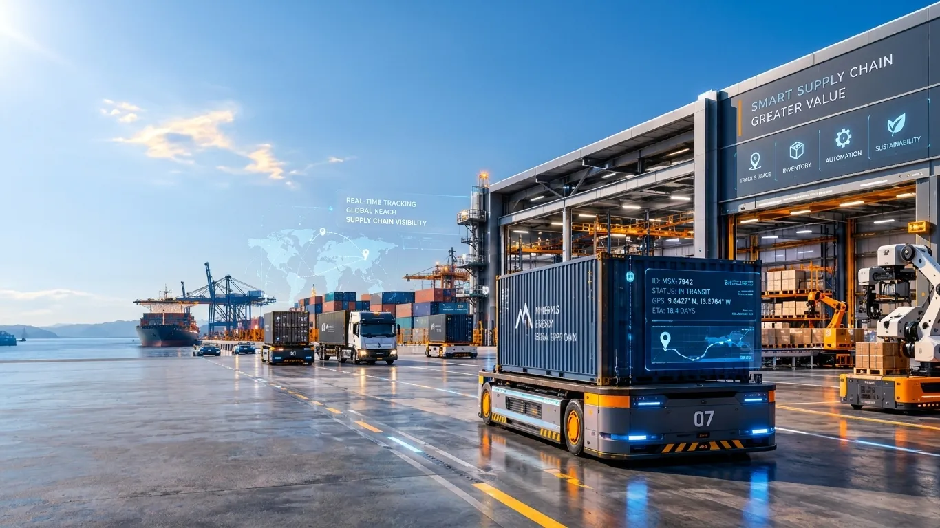 Terminal portuaire et entrepôt logistique : conteneurs suivis en temps réel, navire et camions à quai