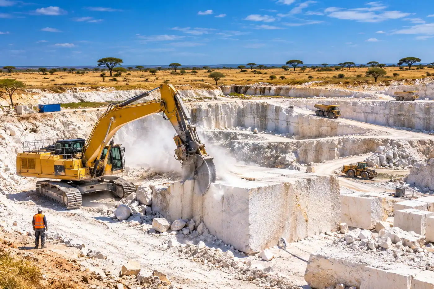 Excavator with a saw cutting blocks of white limestone in a quarry