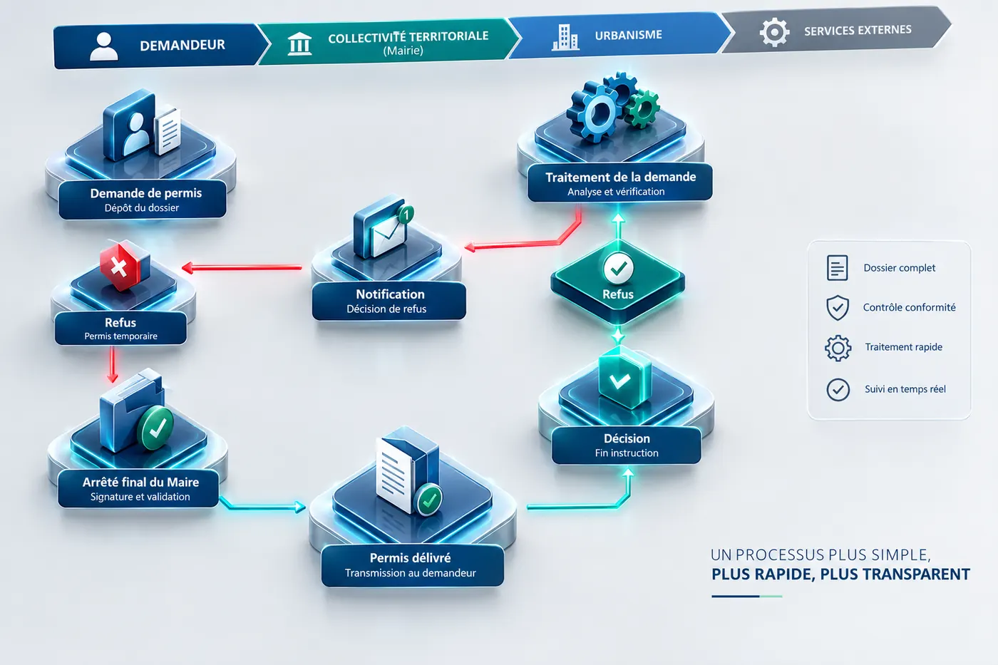 Diagram of the building-permit workflow between applicant, town hall, urban planning and external services