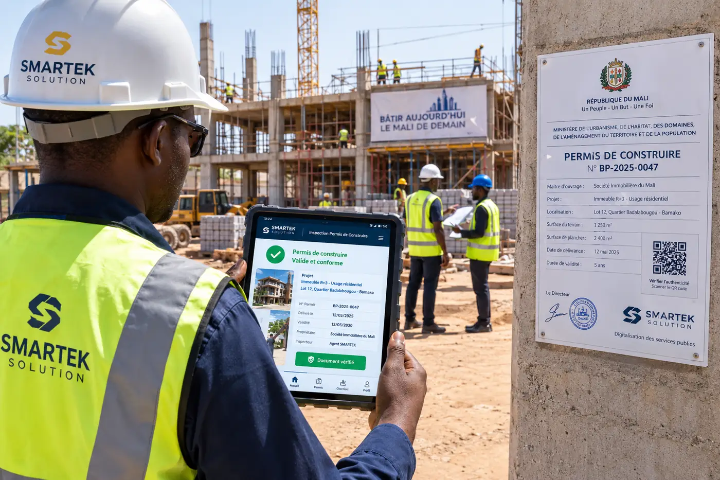 Officer in a helmet checking a permit on a tablet in front of a construction site
