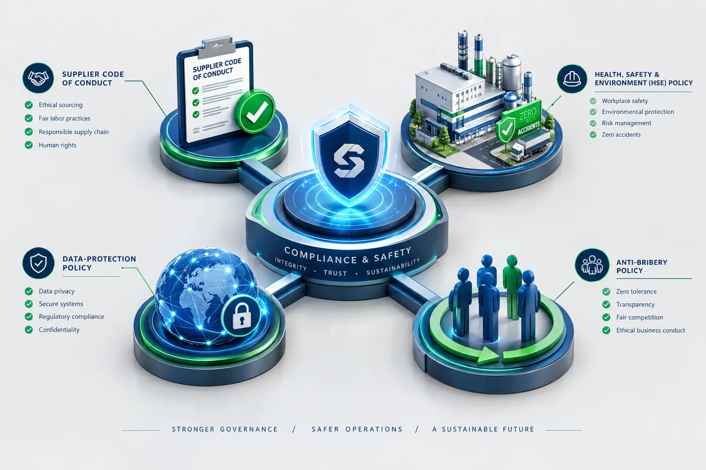Diagram linking a compliance and safety core to four policies