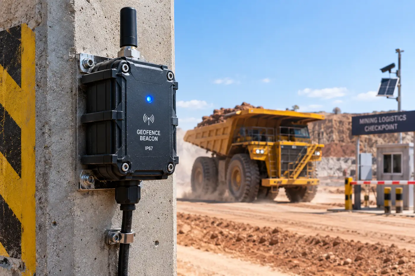 Geofence beacon fixed to a post, haul truck in the background
