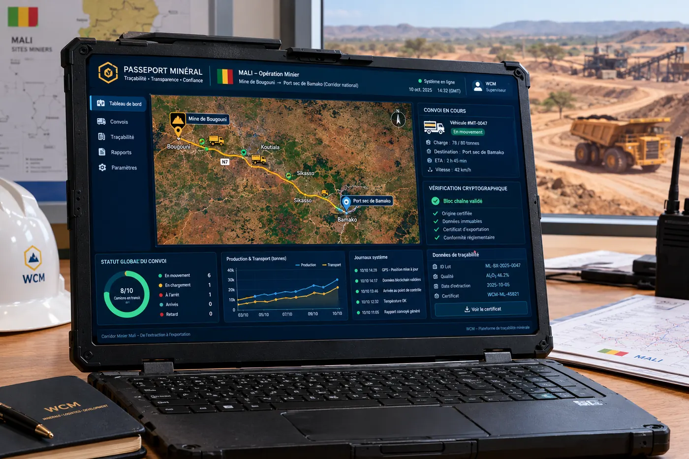 Rugged laptop showing a convoy tracking map and indicators