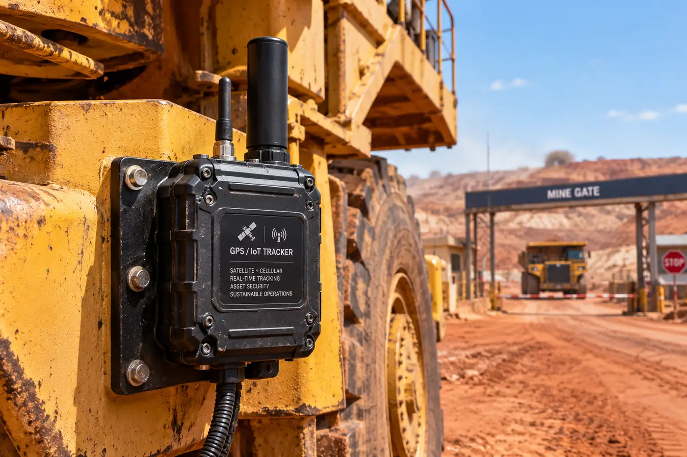 GPS unit bolted to the chassis of a haul truck
