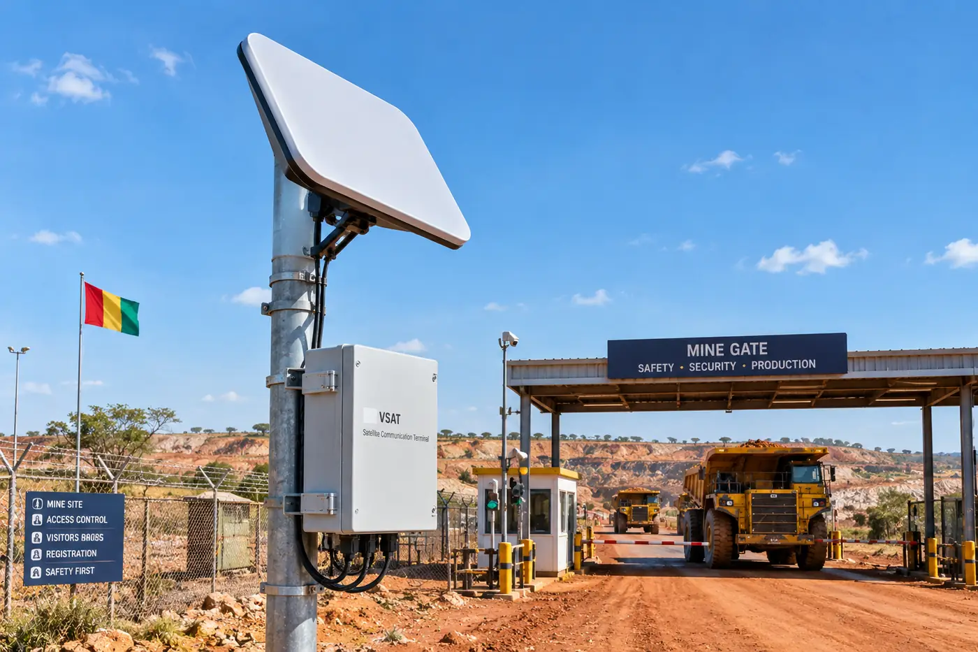 Satellite antenna at a mine entrance, haul trucks passing the gate