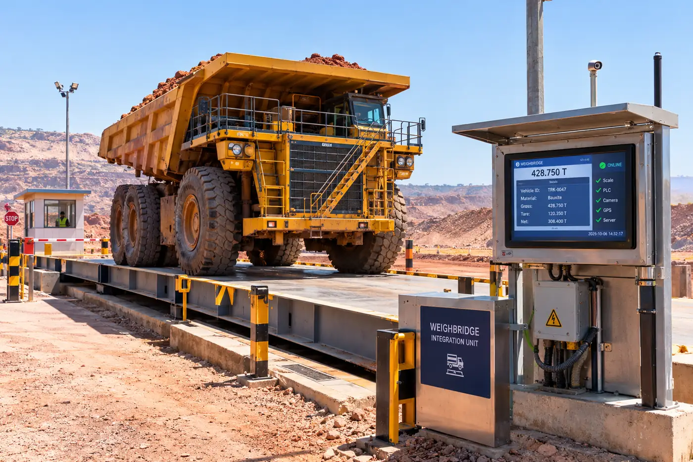 Loaded haul truck on a weighbridge with a weighing display