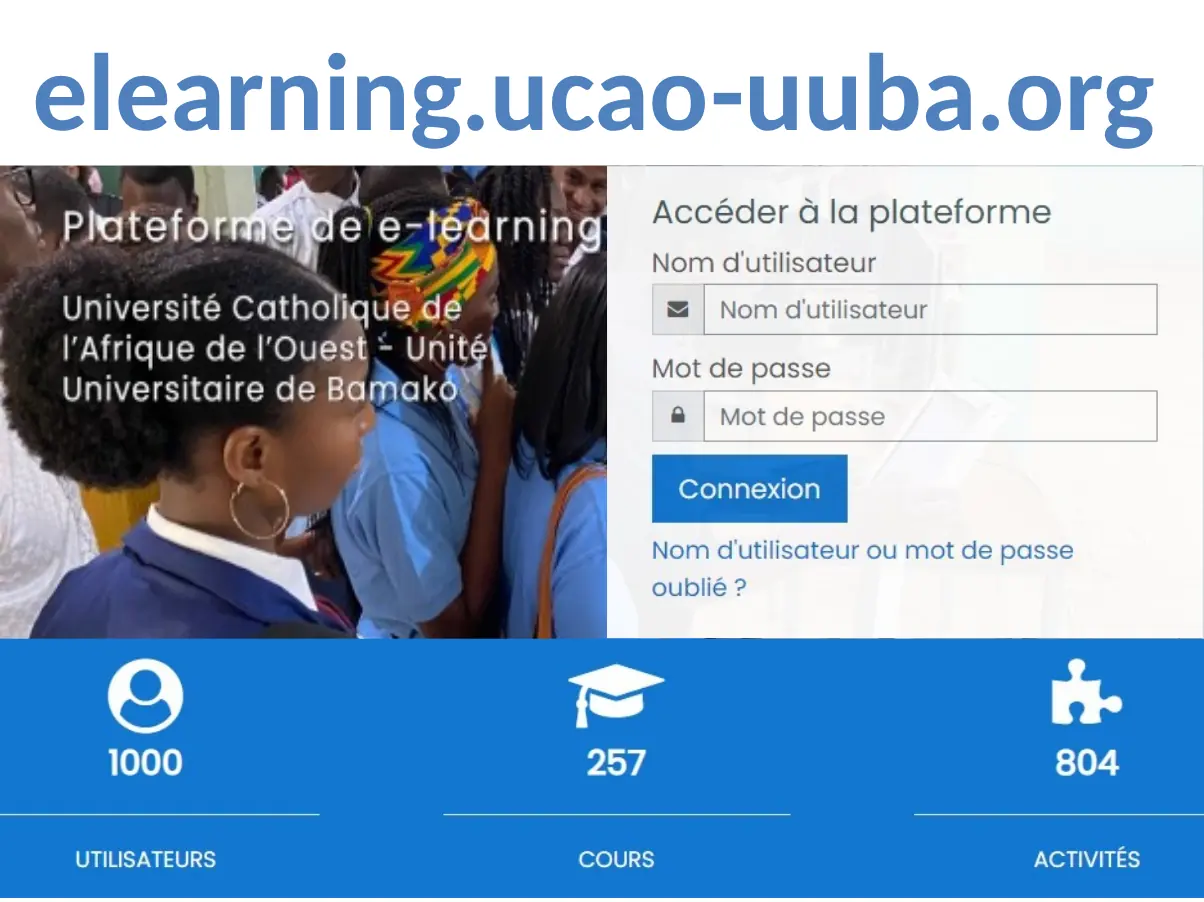elearning.ucao-uuba.org home page: sign-in, 1000 users, 257 courses, 804 activities