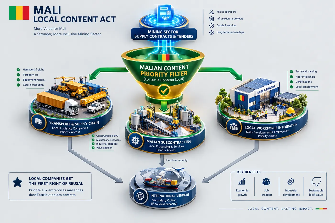 Diagram: mining contracts pass through a Malian priority filter to transport, subcontracting and local workforce