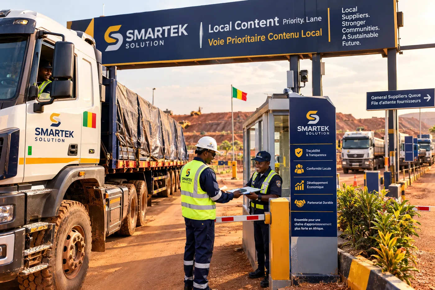 Smartek truck at a checkpoint under a "local content" gantry