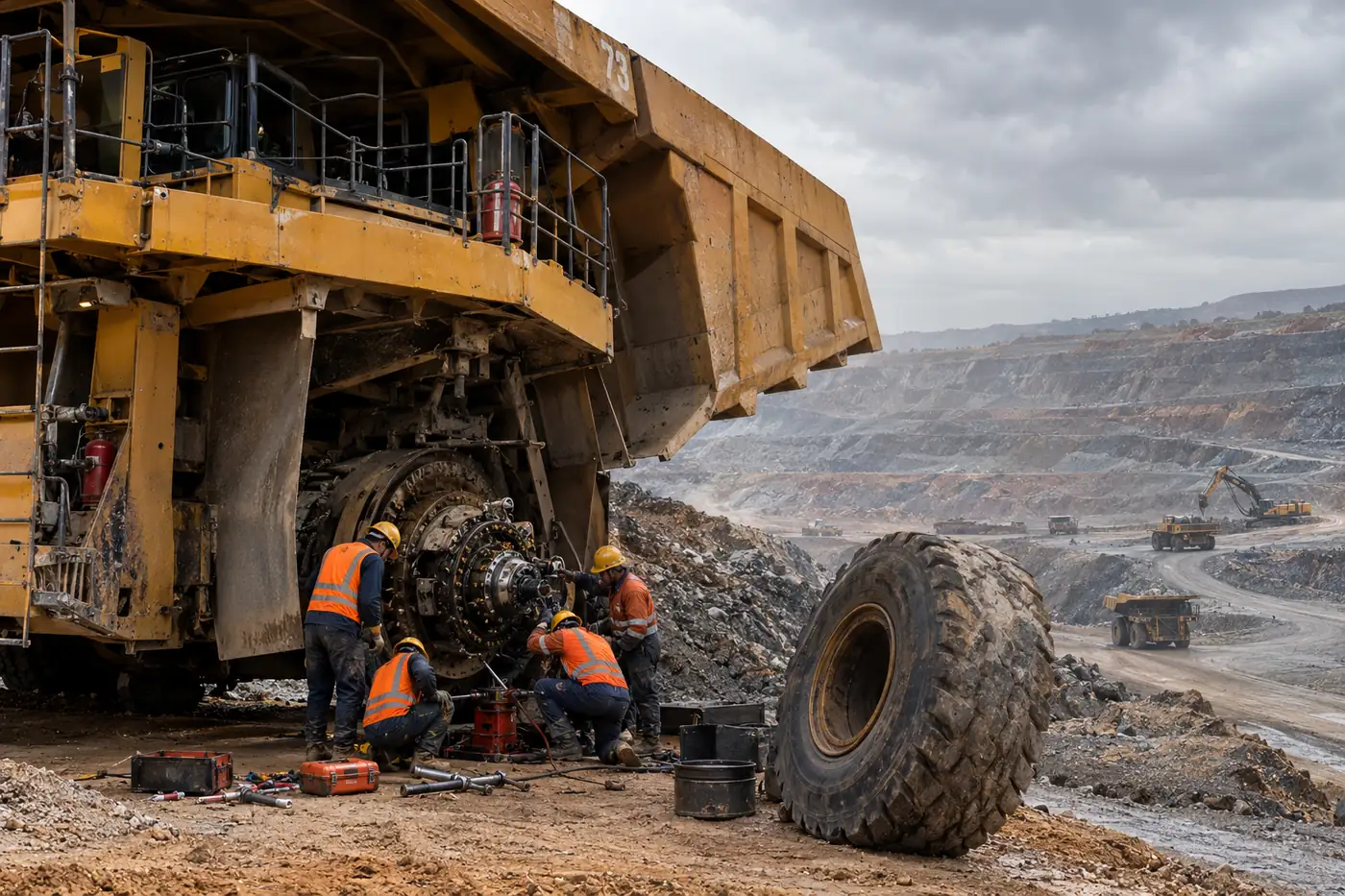Mechanics working on the wheel hub of a haul truck in an open pit