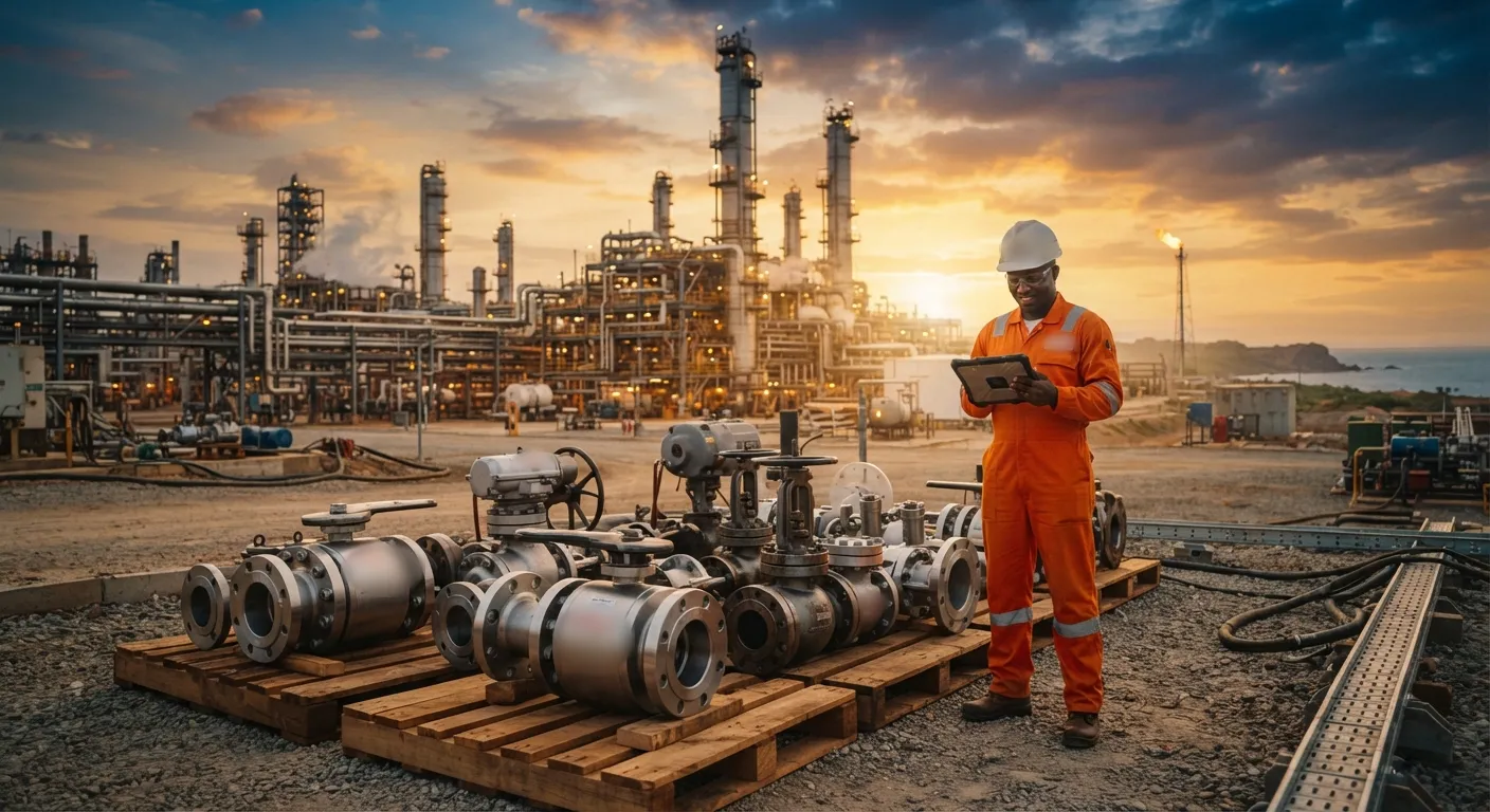 Field technician checking a delivery of industrial valves on pallets at an oil and gas facility at sunset
