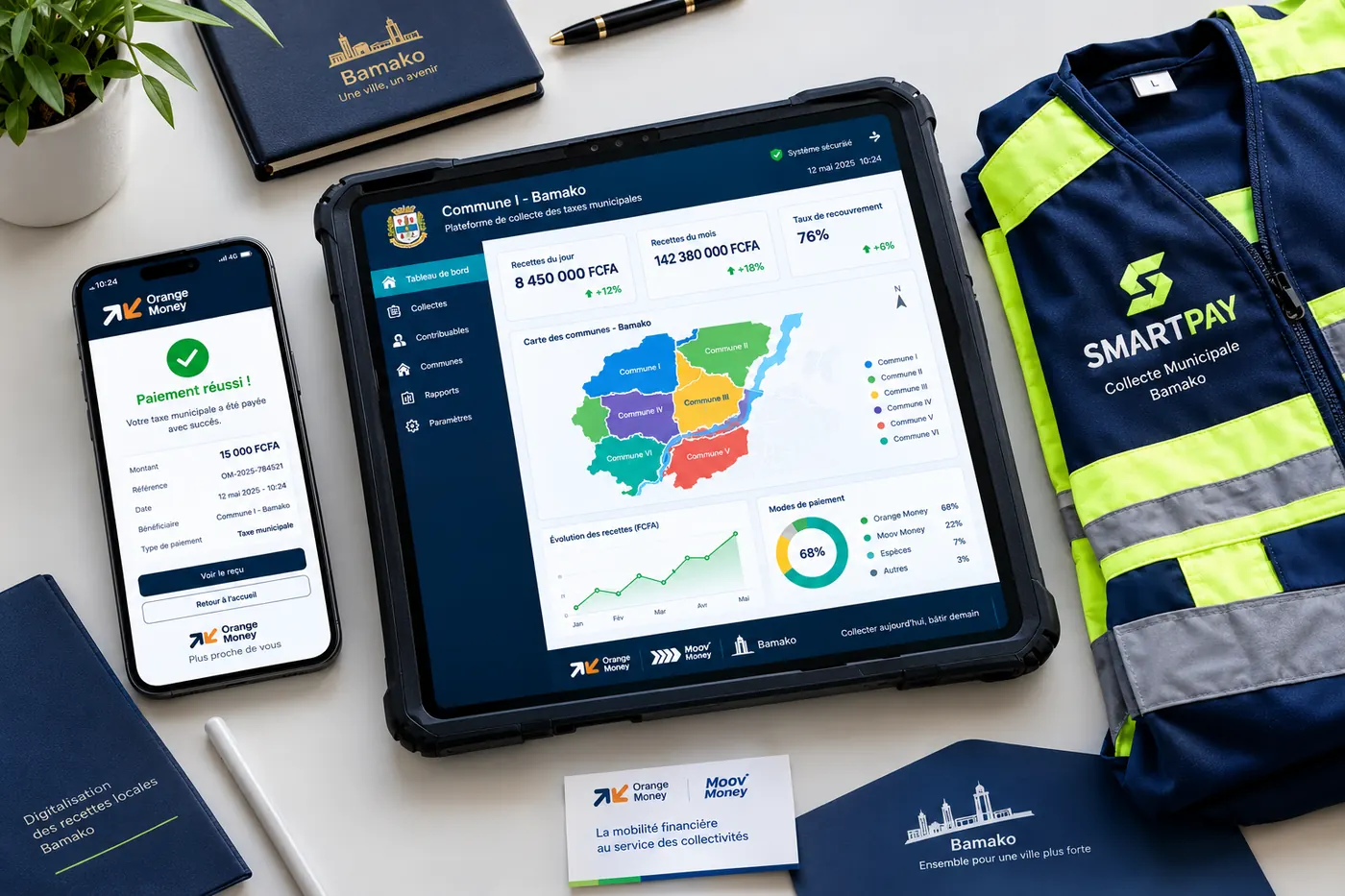 Tablet showing a revenue dashboard, phone with a successful payment and a SMARTPAY vest