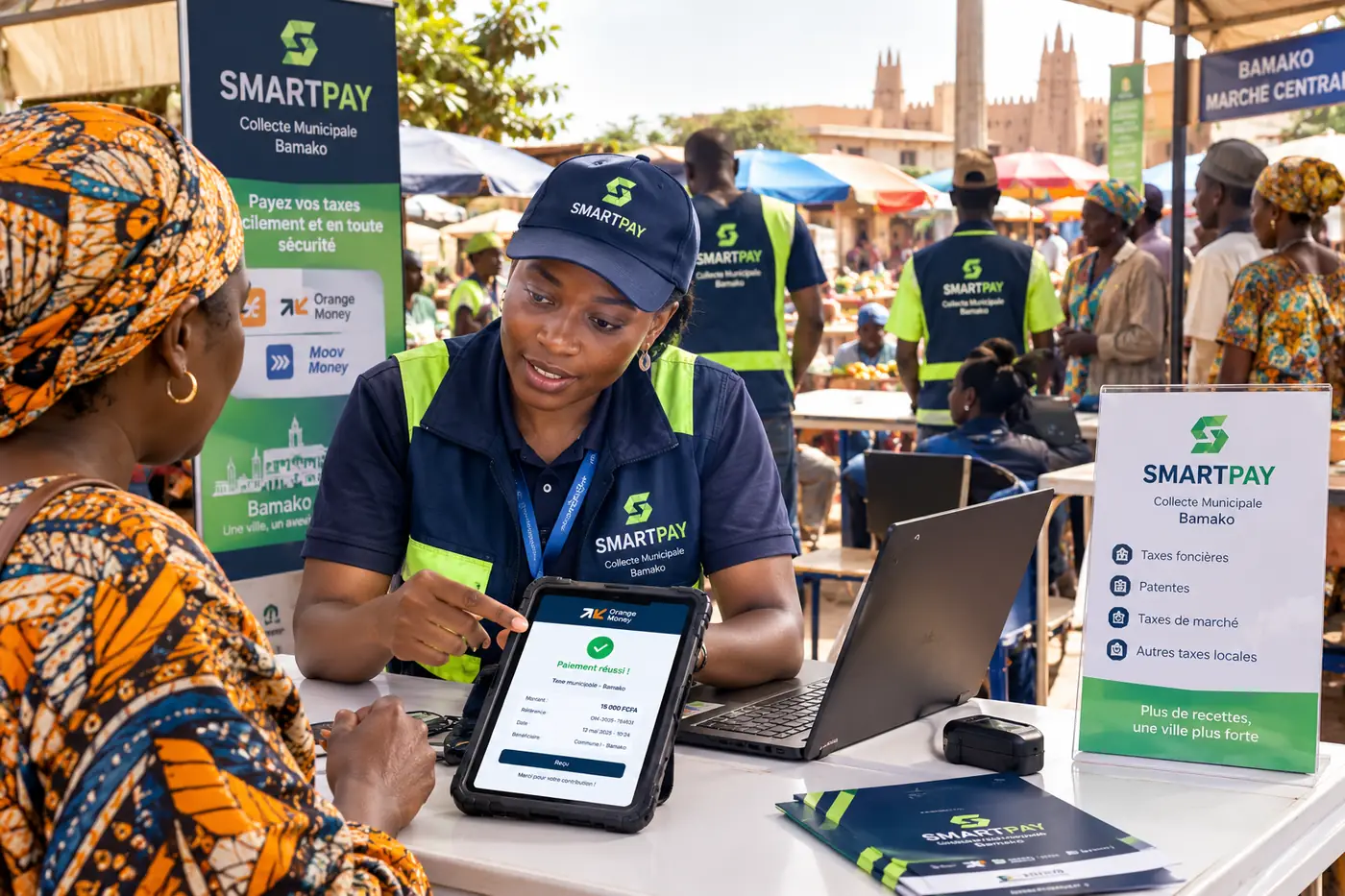 SMARTPAY agent at a market stand showing a payment on a tablet to a trader