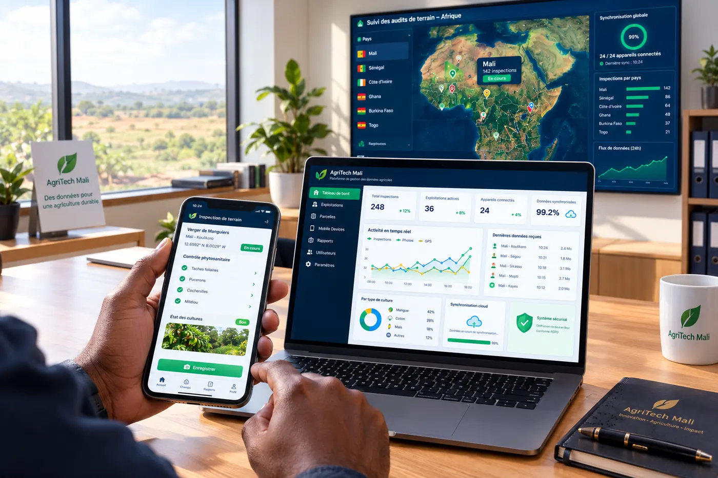 Phone and laptop showing agricultural data, map on the wall