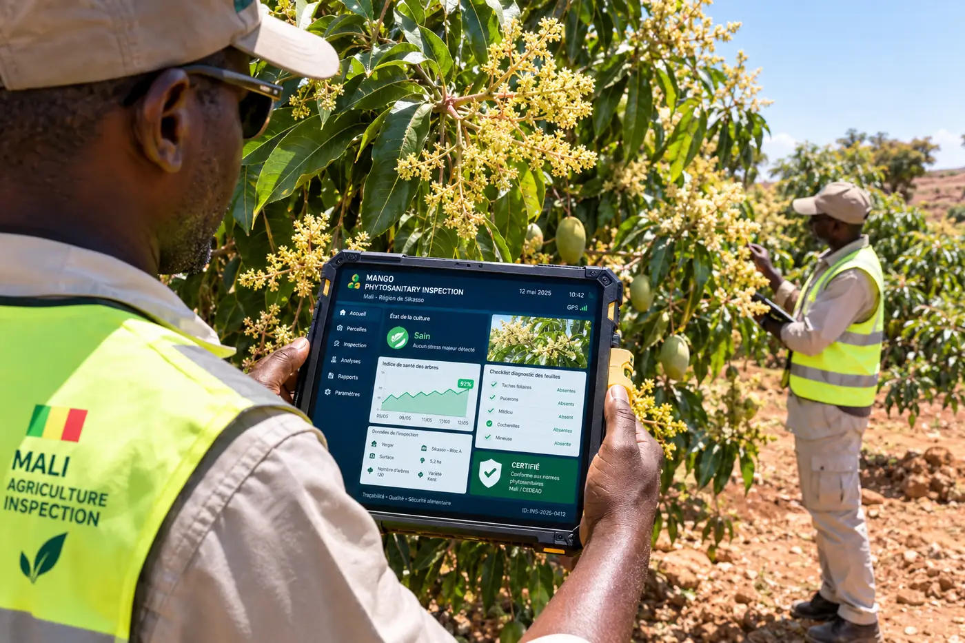 Inspector in a vest holding a tablet in front of a flowering mango tree
